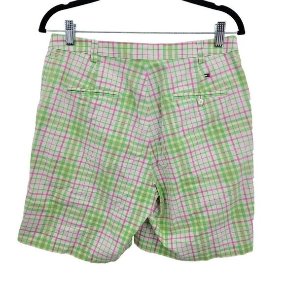 Tommy Hilfiger Golf Shorts 8 Green Pink Plaid High-rise Bermuda Tee Holder - Picture 2 of 13